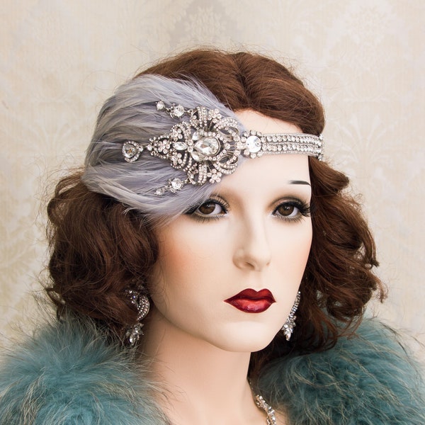 1920s Great Gatsby Headpiece with Crystal Brooch, Great Gatsby Headband, Gray Art Deco Flapper Hair Piece