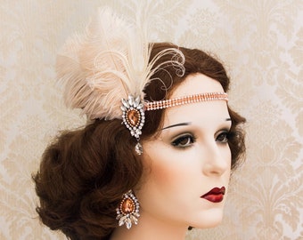 Great Gatsby Headband, Feather Gatsby Headpiece, Flapper Accessories, Art Deco wedding Bridal headpiece