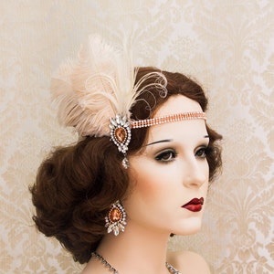 Great Gatsby Headband, Feather Headband Gatsby Headpiece, Blush Flapper Headband,  Flapper Accessories, Bridal headpiece
