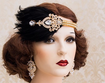 1920s Roaring Flapper Headbands Great Gatsby Headpiece Rhinestone Crystal Headband Gold Black Flapper Feather Hair Accessories Art Deco Hair