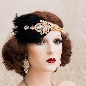 1920s Roaring Flapper Headbands Great Gatsby Headpiece Rhinestone Crystal Headband Gold Black Flapper Feather Hair Accessories Art Deco Hair