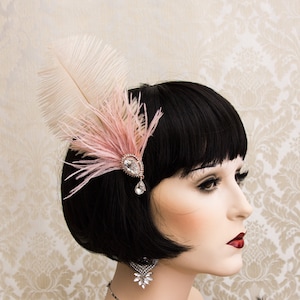 Art Deco Feather Hairpiece, Ostrich Feather Fascinator Blush Flapper Headband, Rose Gold Great Gatsby Headpiece, Rhinestone Crystal Headband