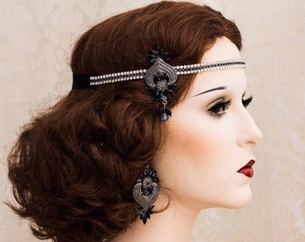 Black Flapper Headband Great Gatsby Headband At Deco Headpiece Roaring 1920's Jewelry Gatsby Accessories