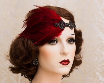 Burgundy Feather Great Gatsby Headpiece, Black Rhinestone Art Deco Headband, Daisy Costume, 1920's Accessories, Bridesmaids Headpiece