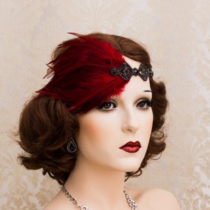 Tocado de plumas burdeos de Gran Gatsby, diadema Art Deco con diamantes de imitación negros, disfraz de margarita, accesorios de los años 20, tocado de dama de honor