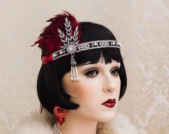 Art Deco Headband, Burgundy Great Gatsby Headband, Rhinestone Feather Headband, Roaring 1920's Headpiece, Daisy Costume New Year Eve Party