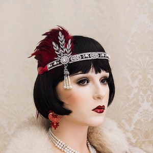 Art Deco Headband, Burgundy Great Gatsby Headband, Rhinestone Feather Headband, Roaring 1920&#39;s Headpiece, Daisy Costume New Year Eve Party