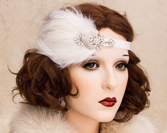 Great Gatsby Feather Headband Ivory Feathers 1920s Flapper Headpiece Roaring 1920s Party Accessories Earrings