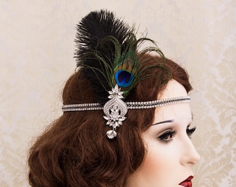 Peacock Feathers 1920s Flapper Headband, Great Gatsby Headpiece, Roaring Twenties Party Hair Accessories