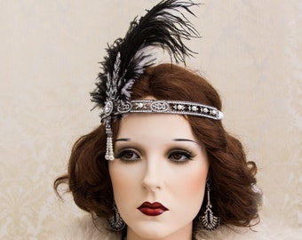 Great Gatsby Headband with Ostrich Feathers, Art Deco Headband, New Year's Eve Party Daisy Costume Headpiece