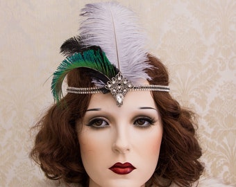 Art Deco Feather haarstukje, Peacock feather Fascinator, Flapper hoofdband, Great Gatsby zendspoel, Feather Hair clips