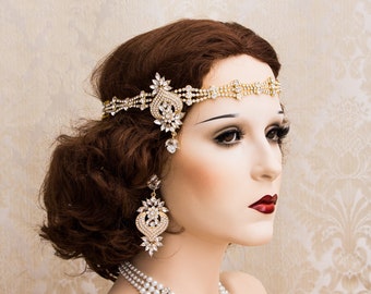 Gold Great Gatsby Headband, Art Deco Headband Gatsby Headpiece, Rhinestone Headband for New Years Eve, Art Deco Earrings