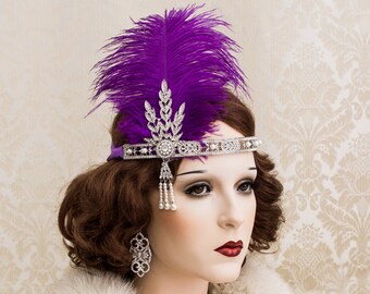 Great Gatsby Headband with Purple Ostrich Feathers, Art Deco Headband, New Year's Eve Party Daisy Costume Headpiece