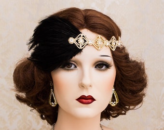 Black Great Gatsby Headpiece, Gold Art Deco Headband, Roaring 1920's Accessories Jewelry, Gold Art Deco Earrings, Bridesmaids Jewelry