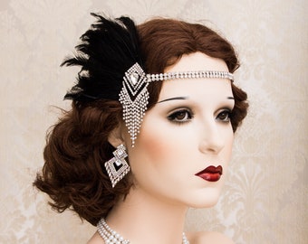 Art Deco 1920s Roaring Flapper Headbands, Feather Great Gatsby Headpiece, Rhinestone Crystal Headband, Flapper Accessories Gatsby Earrings