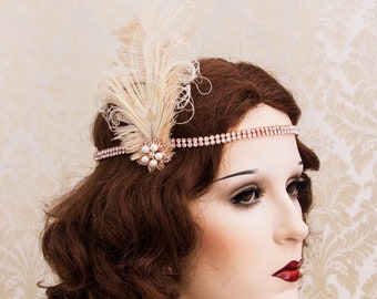 Rose Gold 1920s Roaring Flapper Headband, Rose Gold Great Gatsby Headband, Tan Peacock Feather Headpiece