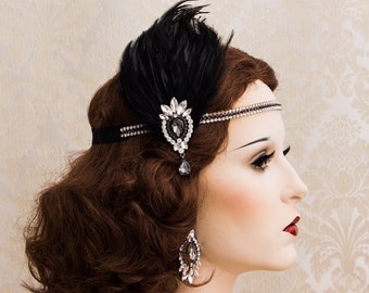 Great Gatsby Headband, Feather Headband Gatsby Headpiece, Black Rhinestone Headband for New Years Eve, Flapper Accessories