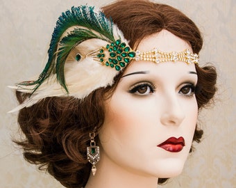 Great Gatsby Rhinestone Headpiece, Gold Rhinestone Art Deco Headband, 1920's Accessories, Peacock Feather New Year Accessories