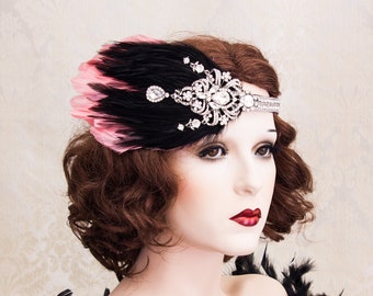 Art Deco Hoofdband, 1920 Great Gatsby Hoofddeksel met zwarte en koraalveren, Grote Gatsby hoofdband, Art Deco Flapper Hair Piece