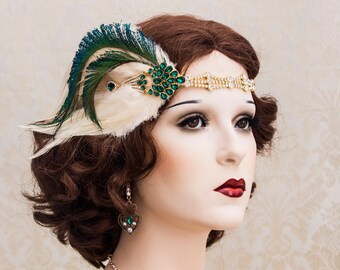 Great Gatsby Headband, Rhinestone Headband, Gold Rhinestone Art Deco Headband, 1920's Accessories, Peacock Feather New Year Accessories