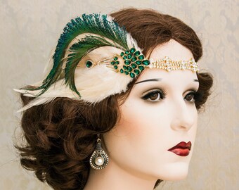 Peacock Feather Rhinestone Headpiece, Gold Rhinestone Art Deco Headband, Great Gatsby Headband, 1920's Accessories, New Year Accessories