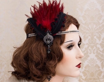 Burgundy Art Deco Headpiece, 1920s Roaring Flapper Headband, Great Gatsby Headpiece, Black Rhinestone Headband