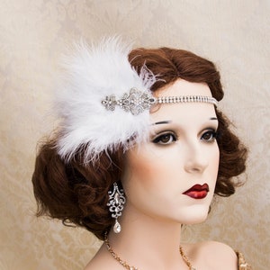 Gran diadema Gatsby, diadema de plumas blancas y pedrería, diadema Art Deco, tocado de plumas, tocado de 1920, accesorios de Año Nuevo
