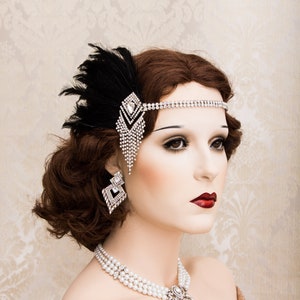 Art Deco 1920s Roaring Flapper Headbands, Feather Great Gatsby Headpiece, Rhinestone Crystal Headband, Flapper Accessories Gatsby Earrings image 1