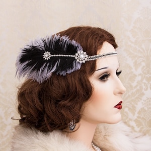 Art-Deco-Feder-Haarteil, schwarze Feder Fascinator, Flapper Stirnband, große Gatsby Kopfschmuck, Strass Kristall Stirnband