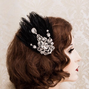 Great Gatsby Headpiece Rhinestone Headpiece Black Feather and Crystal Hair Clip Art Deco Jewelry Gatsby Earrings Flapper Accessories