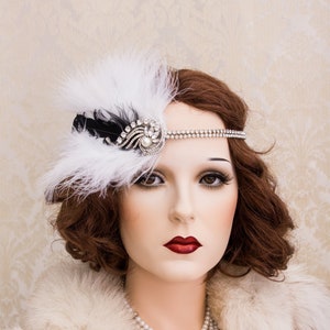 Blanco y negro gran gatsby tocado pluma pluma broche art deco diadema 1920 accesorios de boda