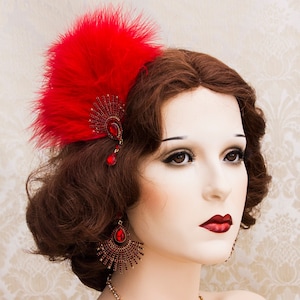 Red Feather Hairpiece, Great Gatsby Party headpiece, Vintage headpiece, New Year Party, Art Deco Earrings, 1920&#39;s party Accessories