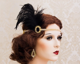 Great Gatsby Headband, Gold Rhinestone Feather Headpiece, Art Deco Hair Accessories, 1920s jewelry, Gatsby Earrings