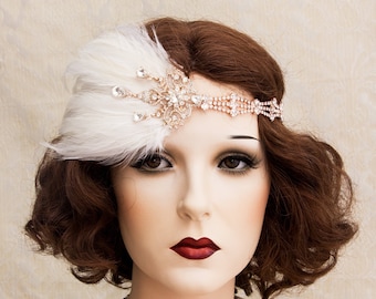 Brullende jaren 1920 Flapper hoofdbanden, Feather Great Gatsby zendspoel, Rose Gold Art Deco bruiloft sieraden Feather Fascinator