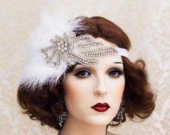 Bridal Feather Fascinator, Bridal Headpiece, Great Gatsby Headpiece Roaring 1920's Wedding Accessories Bridesmaids Headband Art Deco Jewelry