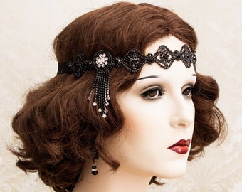 Black Rhinestone Headband Great Gatsby Headband Flapper Headpiece Art Deco Headpiece Roaring 1920s Jewelry
