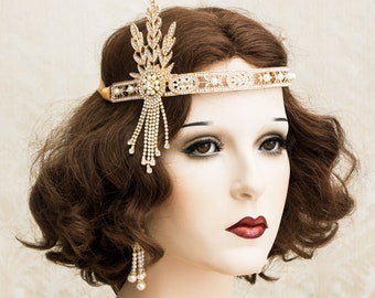 Great Gatsby Headband, Gold Rhinestone headpiece, Flapper Rhinestone Headband, Art Deco Jewelry, 1920s Headpiece