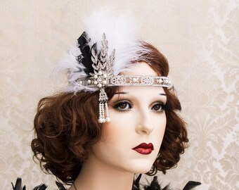 Silver Flapper Headband Great Gatsby Feather Headpiece Art Deco Headband 1920's Accessories