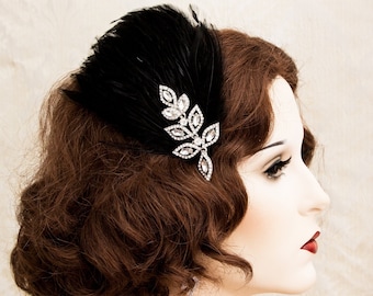 Black Great Gatsby Hairclip Rhinestone Feather Headpiece Flapper Accessories Art Deco Jewelry Roaring 1920s