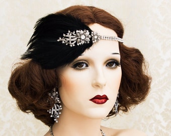 Black Art Deco 1920s Roaring Flapper Headbands, Great Gatsby Headpiece, Rhinestone Crystal Headband, Great Gatsby Wedding Gatsby Accessories