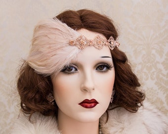 Blush Great Gatsby Headpiece, Rose Gold Art Deco Headband, Roaring 1920's Accessories Jewelry, New Year's Party Earrings