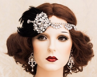 1920s Great Gatsby Headpiece with Crystal Brooch, Great Gatsby Headband, Art Deco Flapper Hair Piece, Gatsby Wedding Accesories