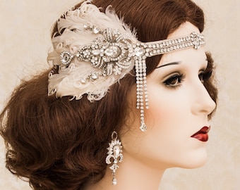 Great Gatsby Headpiece with Crystal Brooch and Blush Feathers, Great Gatsby Headband, 1920s Art Deco Wedding Accessories