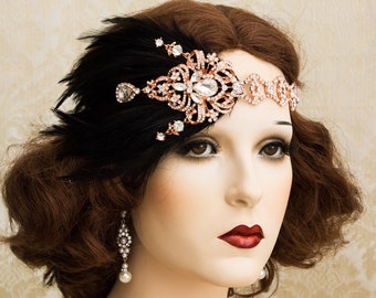 Roaring 1920s Flapper Headbands, Rose Gold Great Gatsby Headpiece, Rose Gold Art Deco Wedding Jewelry and Accessories