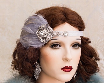 White Rhinestone Flapper Ostrich Feather Headband W  display picture 1