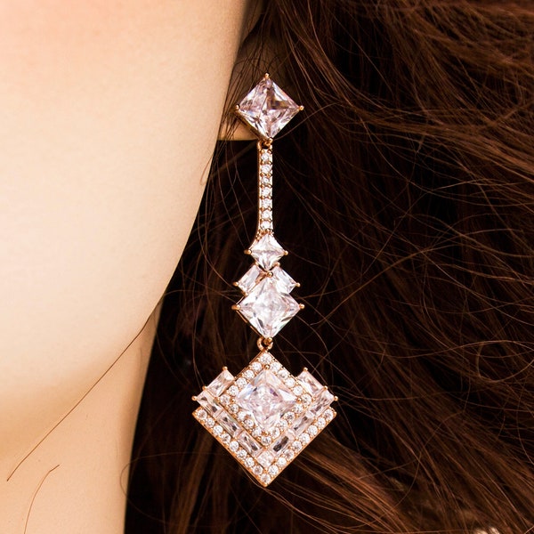 Great Gatsby Earrings, Art Deco Earrings, 1920s Jewelry, Roaring 20s Earrings, Rose Gold earrings, CZ earrings