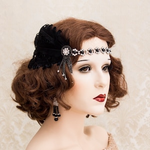 Great Gatsby Headpiece with Crystal Brooch and Black Feathers, Great Gatsby Headband, 1920s Art Deco Wedding Accessories