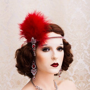 グレートギャツビーヘッドバンド、フェザーヘッドバンドギャツビーヘッドピース、大晦日用の赤いラインストーンヘッドバンド、フラッパーアクセサリー