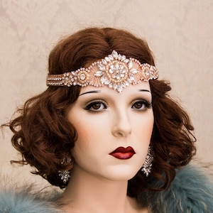 Rose Gold Art Deco Headband, Gatsby Headband, Art Deco Hair Accessory, Flapper Headpiece, Rose Gold Rhinestone Headband Earrings Bracelet