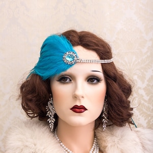 Art Deco Great Gatsby Headpiece, Turquoise Feather Pearl Brooch Flapper Headband, Daisy Costume, 1920&#39;s Accessories